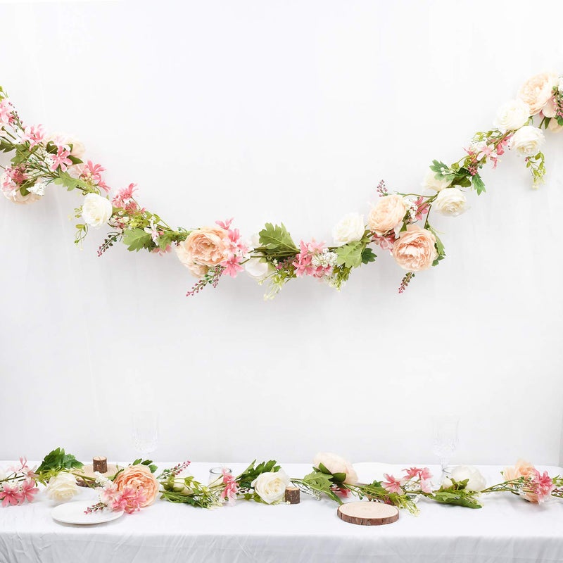 Lvydec Artificial Peony Flower Garland - 6ft Silk Peony Garland with Champagne and White Flowers for Wedding Party Table Decoration - Image 2